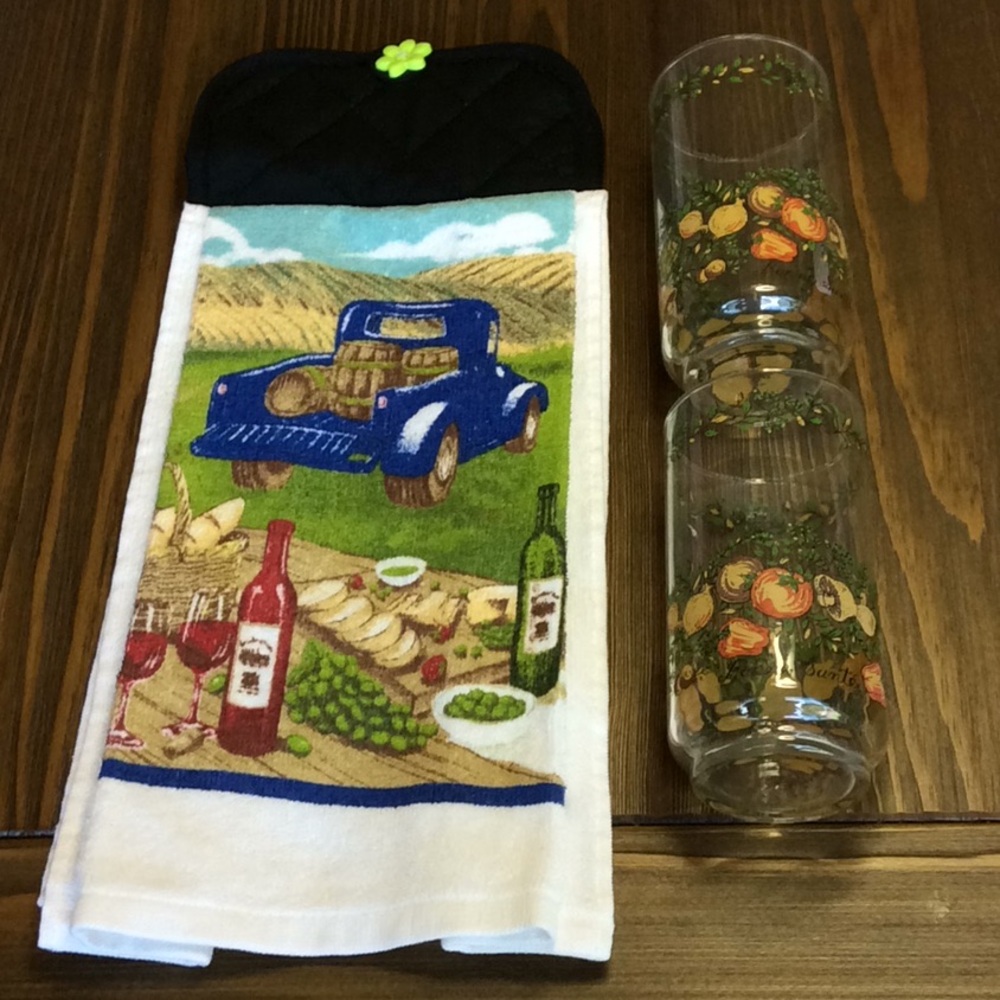 FINAL SALE PRICE Kitchen Dish Towel + 2 Drinking Glasses